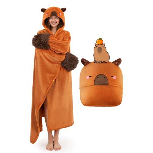 Mewaii Plaid a Capuche Capybara Couverture en Laine Douce avec Manches Capuche Poches Taille Unique Enfant Adulte 130cm x 158cm Cadeau Animal