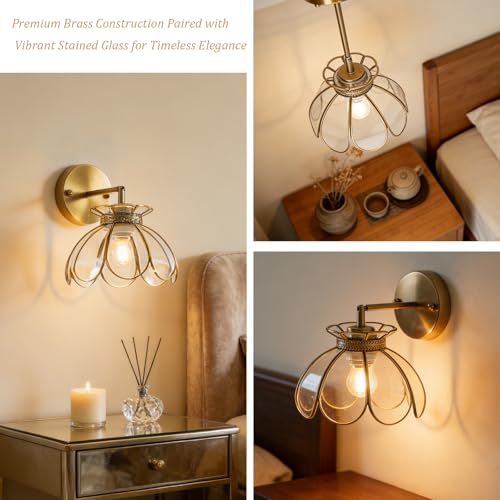 Image of Vintage Brass Ceiling Pendant Light with Stained Lotus Flower Clear Glass Shade, Oriental Hanging Lamp or Wall Sconces Dual-Purpose, for Kitchen Island Dining Room Bedroom Living Room-7.9 inch Shade