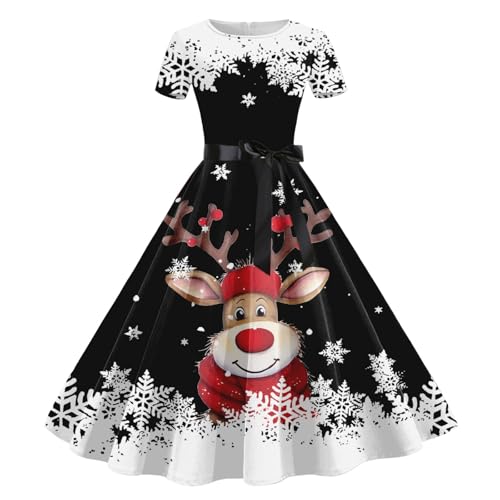 Christmas Dress, Weihnachtskleid Damen Kurzarm Lustig Kleid Weihnachten Festlich Partykleid mit Weihnachtsmotiv Druck A-Linie Rockabilly Cocktailkleid...