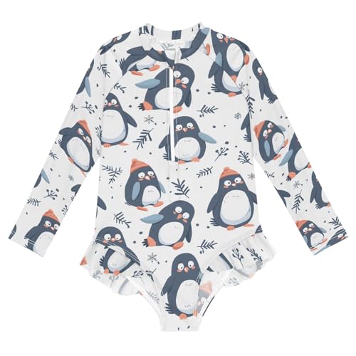 Cute Penguins Seamless Girls Long Sleeve Swimsuit Rash Guard One Piece Bathing Suits Zipper 3-12T
