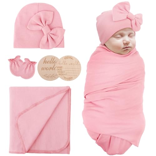 Image of AQOKKA Newborn Receiving Blanket with Bow Hat Mittens Wooden Card Set Newborns Toddler Baby Boy Girl Nursery Swaddle Wrap