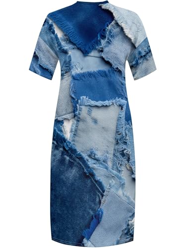 Image of SUZONANA Plus Size Denim Print Maxi Dresses for Women Casual V Neck Short Sleeve with Pockets Soft Jean Look Dress XL-6XL
