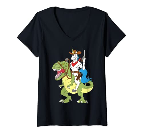 Mujer Cowboy Unicorn Riding Dinosaur T-Rex Lawman Sheriff Deputy Camiseta Cuello V