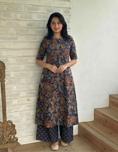 Image of ANNI Designer Women's Rayon Viscose Straight Printed Kurta with Palazzo | Elbow Length Sleeve Kurti Set | Close Neck with Back Slit | Soft Comfortable Fabric | 2 Piece Outfit