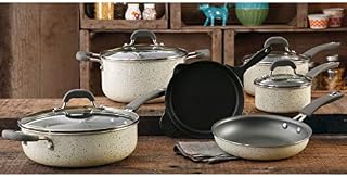The Pioneer Woman Vintage Speckle 10-piece Non-stick Pre-seasoned Cookware Set, Linen Dishwasher Safe