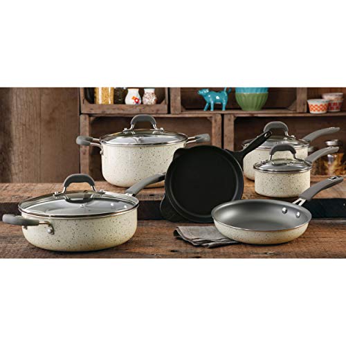 The Pioneer Woman Vintage Speckle 10-piece Non-stick Pre-seasoned Cookware Set, Linen Dishwasher Safe