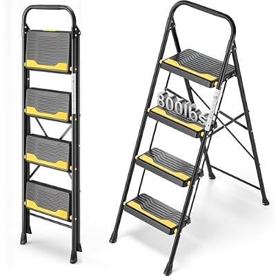 Urackify 4 Step Ladder, Heavy-Duty Pass 800lb Capacity Test, Wide Anti-Slip Steps & Secure Handrail Compact, Folding Step Stool Portable Design for Home, Kitchen, Office, Pantry, Closet Use, Black