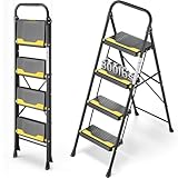 Photo Gallery urackify scaletta 4 gradini pieghevole, resistente capacità 150 kg, ampia pedata antiscivolo & maniglia sicura design compatto, sgabello pieghevole portatile per casa, cucina, ufficio, dispensa, nero Photo Gallery urackify scaletta 4 gradini pieghevole, resistente capacità 150 kg, ampia pedata antiscivolo & maniglia sicura design compatto, sgabello pieghevole portatile per casa, cucina, ufficio, dispensa, nero