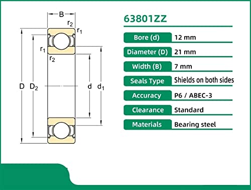 Rodamiento 63801ZZ elimina vibraciones en ejes métricos de 12 mm 8
