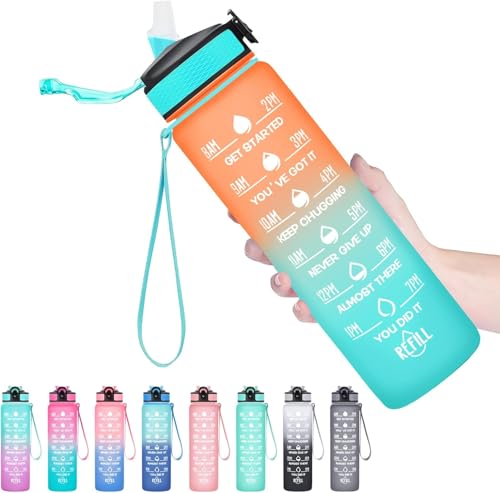 Image of TEKCOOL Motivational 1L Capacity Orange Green Plastic Bottle with Straw | Leakproof, Durable, BPA-Free | Ideal for School /College /Office /Travel, Sports /Outdoor Activities'