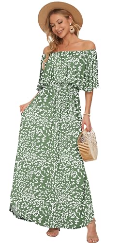 Image of AUSELILY Womens Off Shoulder Ruffle Split Summer Maxi Dresses with Pockets | Off-shoulder Ruffle dress with empire waist & side split for summer beach and casual parties