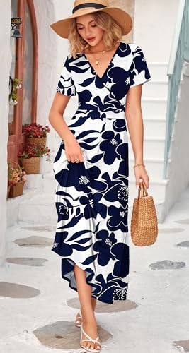 Image of WNEEDU Women's Summer Maxi Dress Short Sleeves Wrap V Neck Long Dresses with Pockets