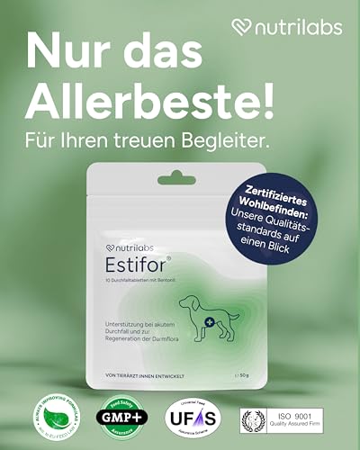 NutriLabs ESTIFOR Kautabletten für Hunde 10 Stück - Mit Bentonit, Kamille & Natriumkarbonat - Unterstützt Verdauung & Darmflora - bei akutem Durchfall - Nahrungsergänzung für Hunde.