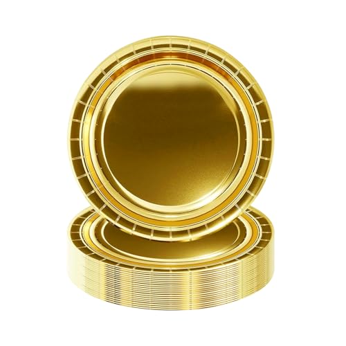 EVYIENEN Lot de 50 assiettes en papier dorées pour fête d'anniversaire pour enfants, assiettes jetables pour remise des diplômes, filles, fête, mariage, jardin, anniversaire