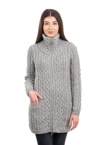 SAOL Ladies Irish Aran Zip Cardigan - 100% Merino Wool Ireland Coat with Pockets and Raised Collar