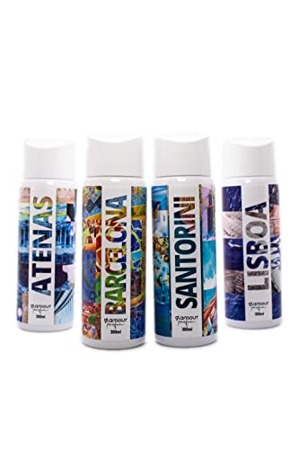 GLAMOUR PARFUM - Pack 4 Recambios Ambientador de Hogar - Fragancia Atenas, Barcelona, Santorini y Lisboa - 4 x 300 ml - Pack Cosmopolitan - Ambientadores Textiles de Hogar - Reutilizable