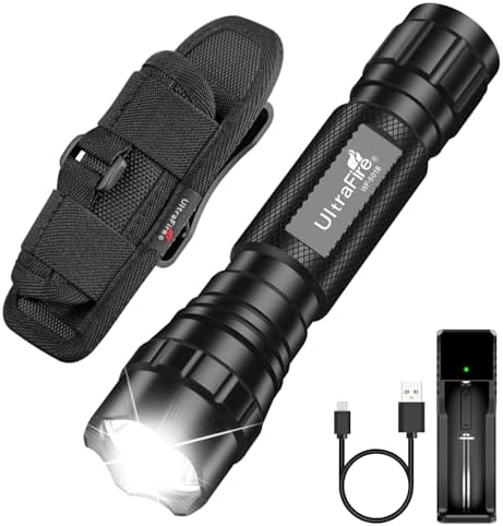 ULTRAFIRE Tactical Flashlight with Holster, Single Mode LED Flashlight 1000 High Lumen Duty Flashlights with Belt Holster and Charger, Bright Small Flash Light WF-501B