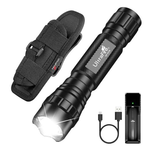 ULTRAFIRE Tactical Flashlight with Holster, Single Mode LED Flashlight 1000 High Lumen Duty Flashlights with Belt Holster and Charger, Bright Small Flash Light WF-501B