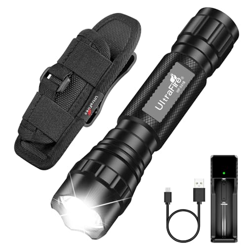 ULTRAFIRE Tactical Flashlight with Holster, Single Mode LED Flashlight 1000 High Lumen Duty Flashlights with Belt Holster and Charger, Bright Small Flash Light WF-501B
