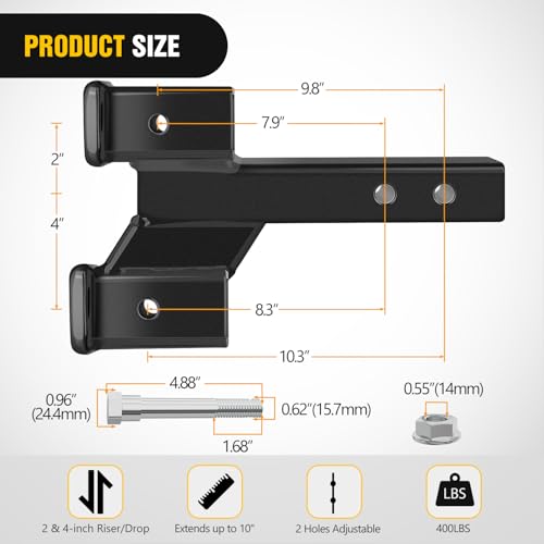 Image of Nilight Trailer Dual Hitch Extender for 2 Inch Receiver with 2 inch 4 inch Rise or Drop with Bolt Nut Clip 10,000 lbs Capacity Adjustable Extend 8 inch 10 inch Length Matte Black Powder Coated