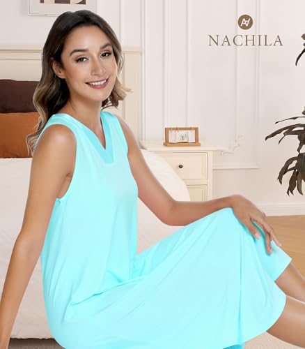 Image of NACHILA Women's Nightgowns-Viscose Made from Bamboo,Sleeveless Tank Night Gown Crew Neck Sleep Dress Cool Sleepshirts