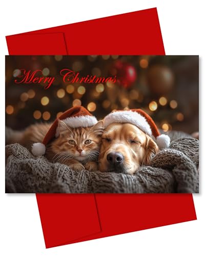 Tarjeta de Navidad Friends Forever Merry Christmas – Lindo gato jengibre y golden retriever con sombreros de Papá Noel, grande de 5 x 7 pulgadas, interior en blanco, sobre rojo, fabricado por Small