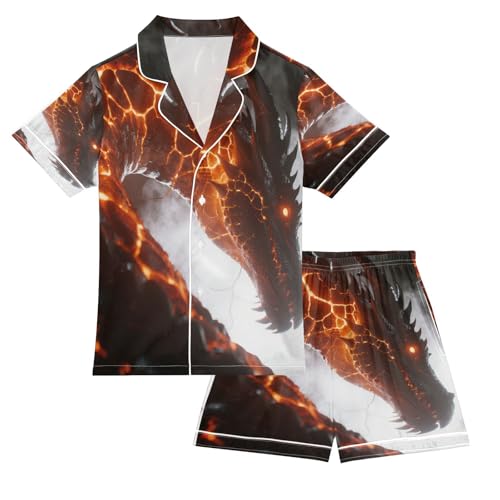 Satin Pajama Sets Short Sleeve Fiery Dragon with Glowing Veins Button Down Silky Nightwear 2 Piece PJS 5-14Y