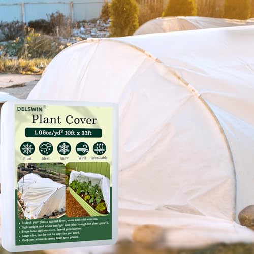 DELSWIN Plant Covers Freeze Protection - 10Ft x 33Ft 1.06 oz/yd² Thicker Frost Cloths for Outdoor Plants Vegetables, Frost Blankets Plant Cover for Winter Frost Protection, Garden Row Covers