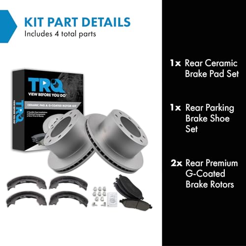 Image of TRQ Rear Brake Pad & Rotor Kit Parking Brake Shoe Set Ceramic Premium G-Coated Compatible with 2005-2007 Ford F-250 Super Duty F-350 Super Duty