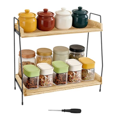 2 Tier Coffee Station Organizer, Wooden Kitchen Countertop Holder, Multifunctional Tea and Coffee Station Shelf Unit, Coffee Bar Accessories and Organizer, Easy to Clean, Free Standing Spice Rack