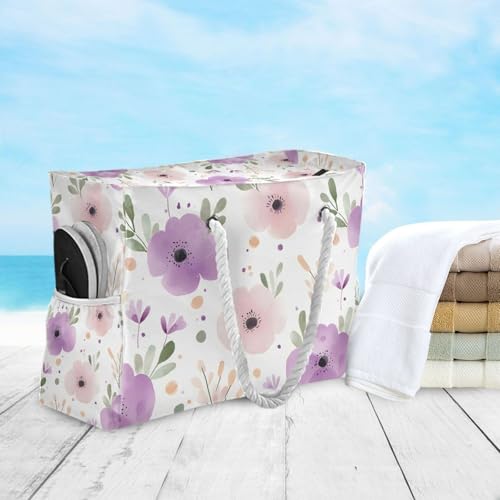 Floral Beach Bag - Large Tote Bags for Women Flower Shoulder Bags Zipper Waterproof Sandproof for Travel Gym Swim 6