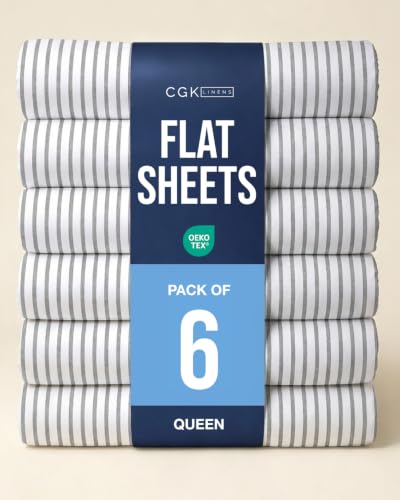 Queen Size Flat Sheet - Pack of 6 Top Flat Bed Sheet Only - Grey Stripes