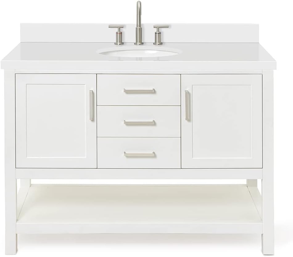 ARIEL Bayhill 48-inch Bathroom Vanity with Sink,Solid Wood, 1.5-inch Pure White Quartz Countertop & Backsplash, Single Oval Porcelain Sink, 2 Soft Closing Doors, 2 Dovetail Drawers, White