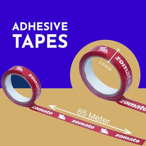 Image of Zomato Printed Packaging Tape - 65 Meters in Length - 24mm (1 Inch) Width- 6 Roll Per Pack- High Strength Adhesive Shipping Tape for Carton Sealing, Courier & Parcel Packing
