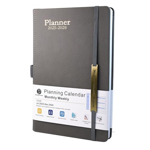 Diary 2025-2026 - 18 Month from Jul. 2025 to Dec.2026, A5 Week to View Diary, Weekly & Monthly Planner with Leather Cover, Pen Loop, Inner Pocket (Grey)