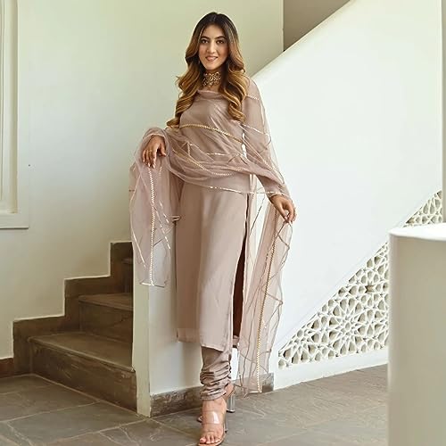 Image of GoSriKi Women's Cotton Blend Straight Solid Kurta with Pant & Dupatta
