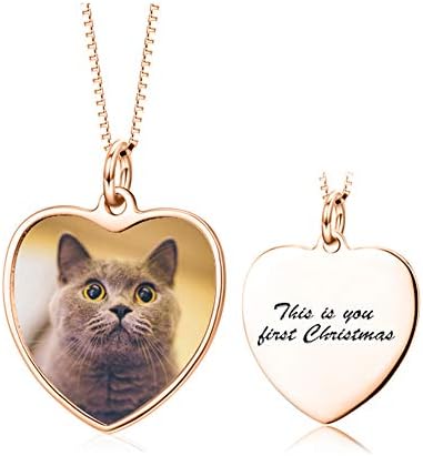Full Color Photo Picture Personalized 925 Sterling Silver Necklace Custom Etched Pet Cat Dog Family Mother Baby Image Heart Round Square Shape Pendant Tag (heart-shaped-rose-gold-plated-silver)