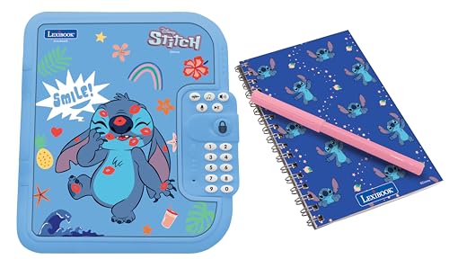 Lexibook, Disney Stitch, Diario electrónico Interactivo con bolígrafo y Cuaderno incluidos, contraseña protegida, Funciones Divertidas y Efectos de Sonido, Azul, SD50D