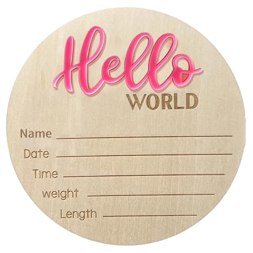 Image of Baby Announcement Sign - 5.9 Inch Wooden Hello World Newborn Welcome Plaque for Hospital, Nursery or Baby Shower (Pink)