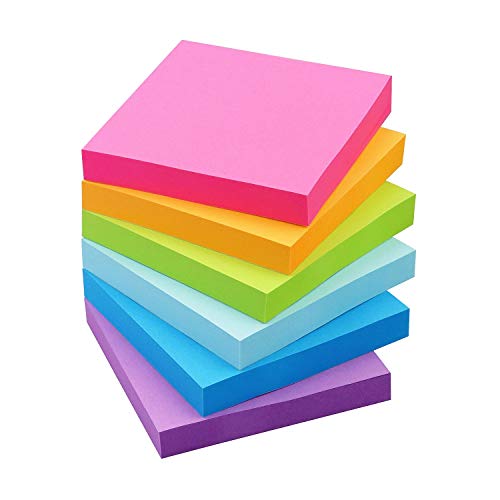 Sticky Notes 3x3 inch Bright Colors with Blue Self-Stick Pads 6 Pads/Pack 100 Sheets/Pad Total 600 Sheets