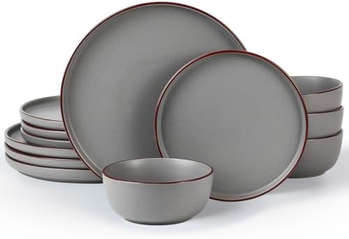 Famiware Mercury Plates and Bowls Sets, 12 Pieces Stoneware Dinnerware Sets, Dishes Set for 4, Microwave and Dishwasher Safe, Dark Grey