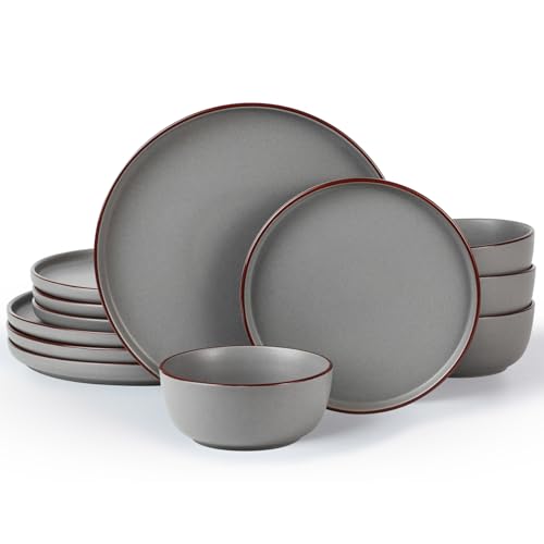 Famiware Mercury 12-Piece Stoneware Dinnerware Set, Dark Grey