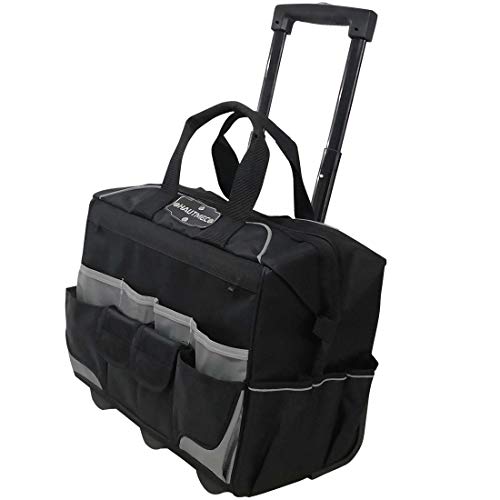 HAUTMEC Professional 18" Wide Mouth Rolling Tool Storage Organizer Bag with Telescoping Handle and Oversize Wheels HT0059-TB