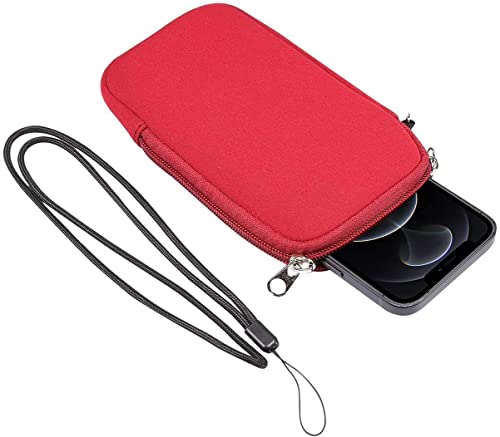Image of Neoprene Cell Phone Pouch Sleeve Case w /Neck Lanyard for iPhone 17, 17 Pro, 17e 16e, 16 Pro, 15 14 13 12 Pro 11, Samsung Galaxy S26 S25 S24 S23 S22 S21 A10e A20e A40 (Red-M)