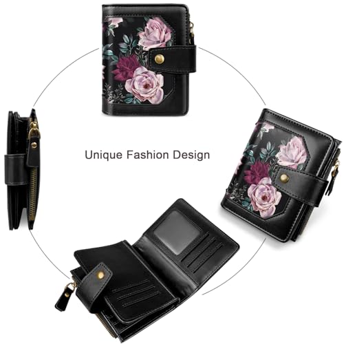 Image of Women Wallet Bifold RFID Blocking Small Credit Card Holder Leather Wallets Cards Case Ladies Purse with Zipper, Night Roses