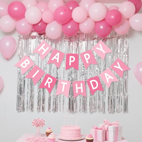 Image of Happy Birthday Banner Sign, Birthday Garland Wall Door Hanging Banners Flag for Women Men Boys Girls Party Backdrop Decorations, Personalized Name Banner White Letters Pink and Light Pink