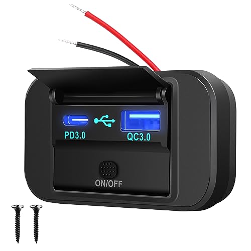 GemCoo 12V RV USB Outlet, 38W PD QC3.0 24V USB Car Charger Socket Power Outlet with Cover, 24V Car Charger Switch Panel Car Fast Charger Socket Power Outlet for Car Bus RV ATV Truck Boat