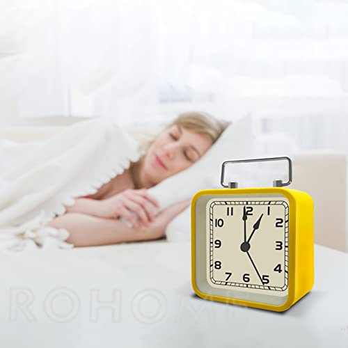 Night Light Alarm Clock, 3.5" Vintage Analog Silent Clock With Snooze Alarms, Non Ticking Battery Operated Small Square Clock For Bedside Desk Table Living Room Shelf Bedroom Shelf (Yellow) #TOP5