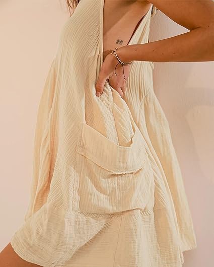 Image of Women Casual Dresses Sleeveless Scoop Neck Backless Tunic Mini Dress Loose Flowy Tank Sundress with Pockets