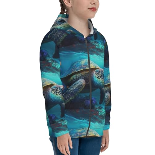 Green Turtle in Sea Water2 Kids Pullover Hoodies Boys Zip Up Sweatshirts Girls Athletic Clothes with Pocket4